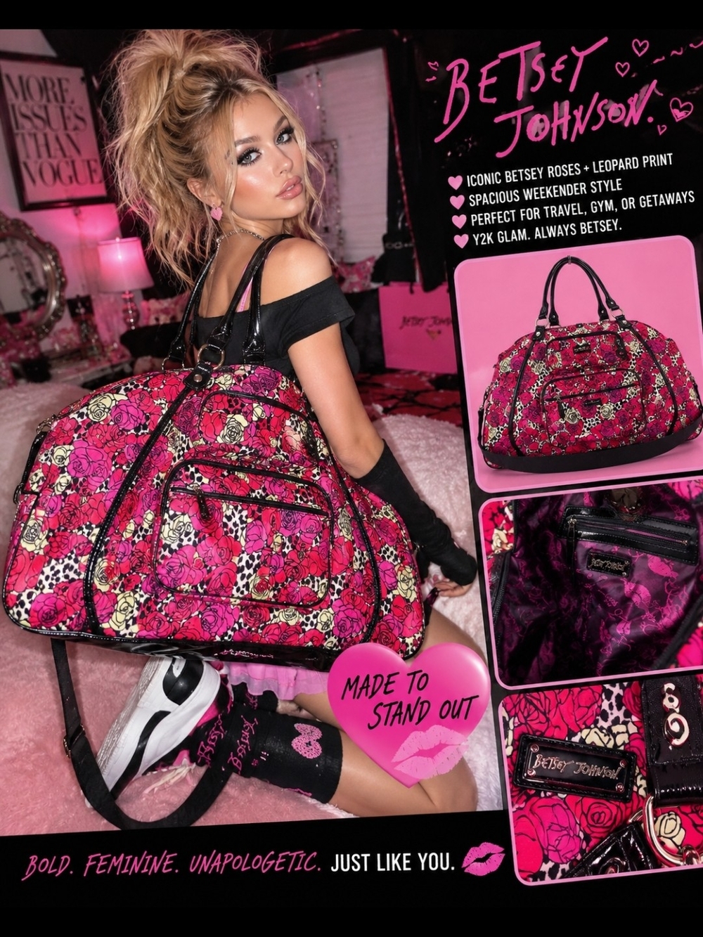 Betsey Johnson Y2K Rose Leopard Weekender Duffel Travel Bag NWOT